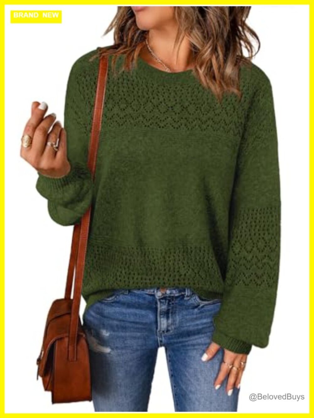 Women's Boho Long Sleeve Crochet Crewneck Lightweight Knit Pullover Sweater